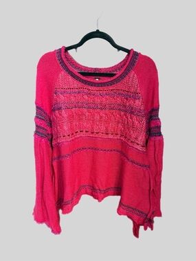 Free People Raspberry and Plum Textured Bell-Sleeve Sweater Large